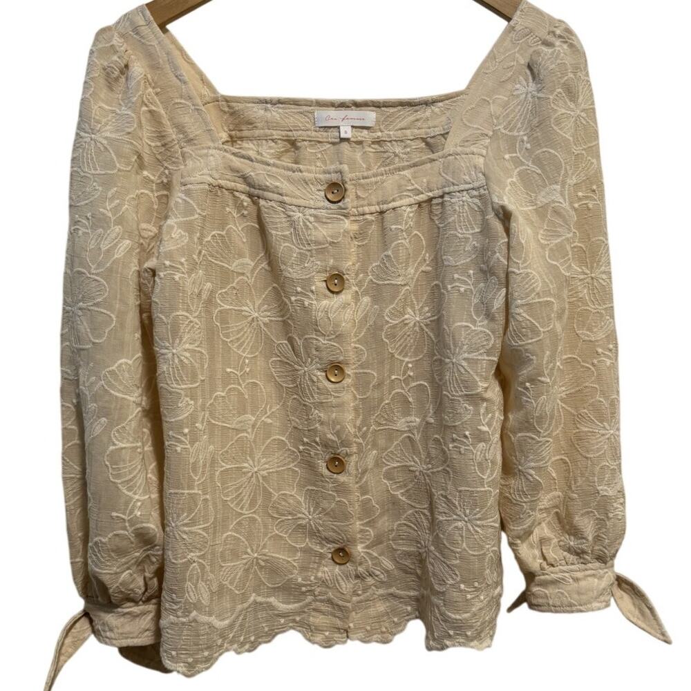 Ces Femme Women's Beige Floral Embroidery  Button Front Blouse Tops Size Small